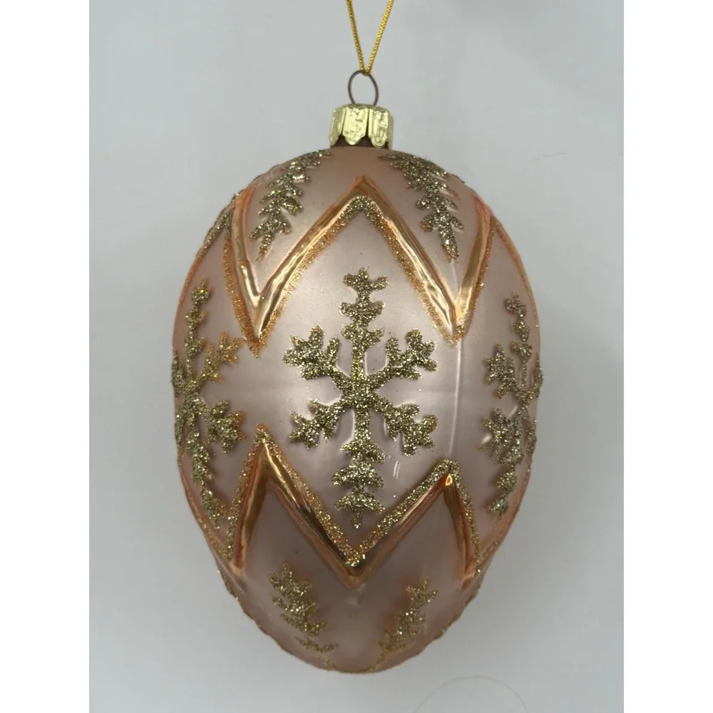 Santa's Best Glass Egg Christmas Ornament Pink‎ Gold Glitter Snowflake Vintage